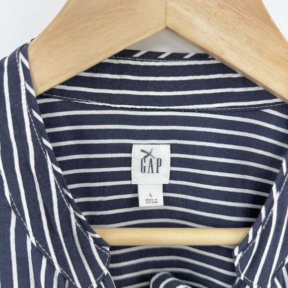 Gap Women’s Navy & White Tie Neck Striped Blouse Size L, Career, Preppy, Boho‎ - Picture 4 of 10
